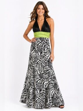 NWT DJ Jaz Halter Maxi Gown Sz 4 | Zebra Print Floral Formal Dress Black White
